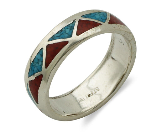 Navajo Chip Inlay Ring 925 Silver Sleeping Beauty Turquoise & Coral Silver Cloud