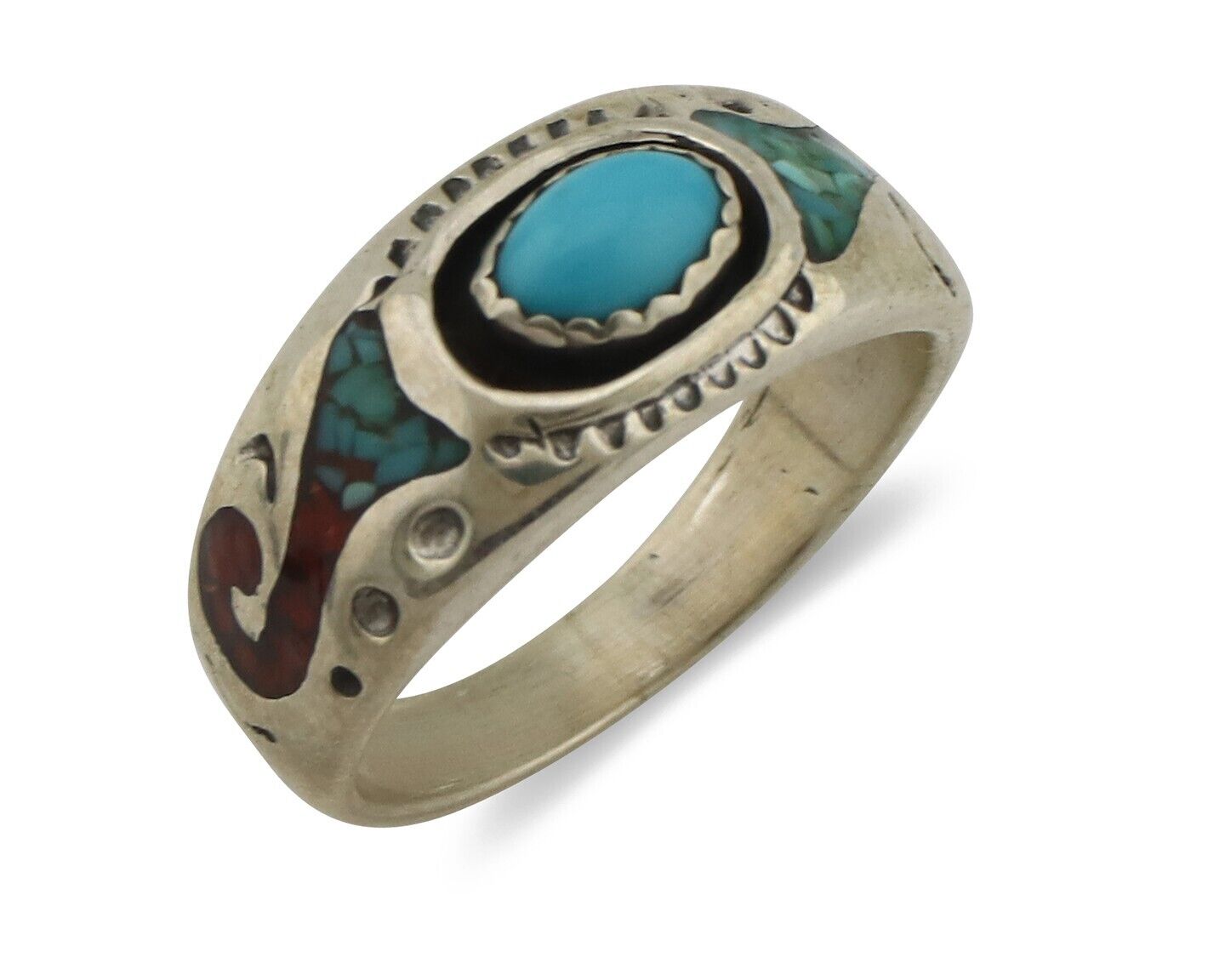 Navajo Handmade Ring 925 Silver Blue Turquoise & Coral Native American Artist