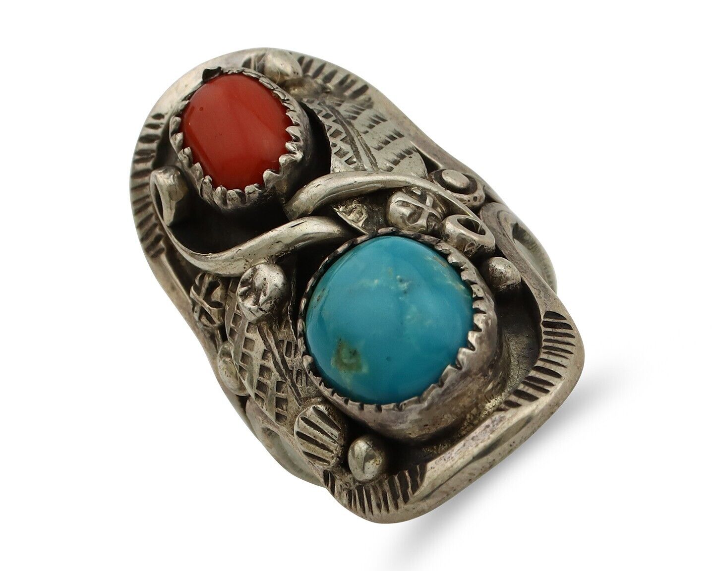 Navajo Ring 925 Silver Blue Turquiose & Mediterranean Coral Native Artist C.80's