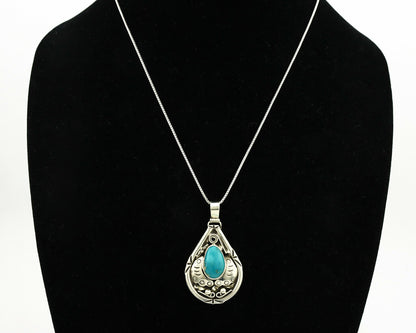 Navajo Necklace .925 Silver Blue Gem Turquoise Signed Tepee C.1980's