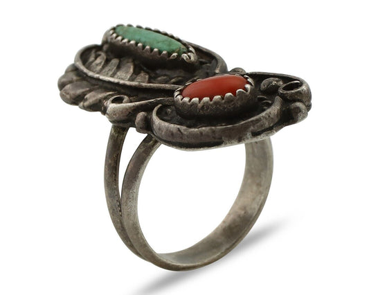 Navajo Handmade Ring 925 Silver Turquiose & Coral Native American Artist C.80's