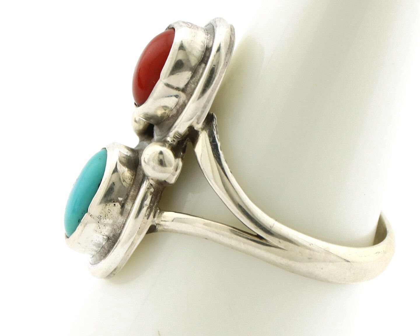 Navajo Handmade Ring 925 Silver Coral & Turquoise Native American Artist C.80's