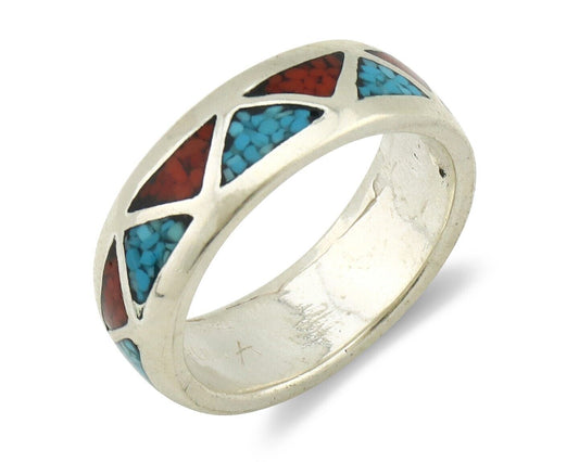 Navajo Ring 925 Silver Natural Turquoise & Coral Native American Artist C.80's