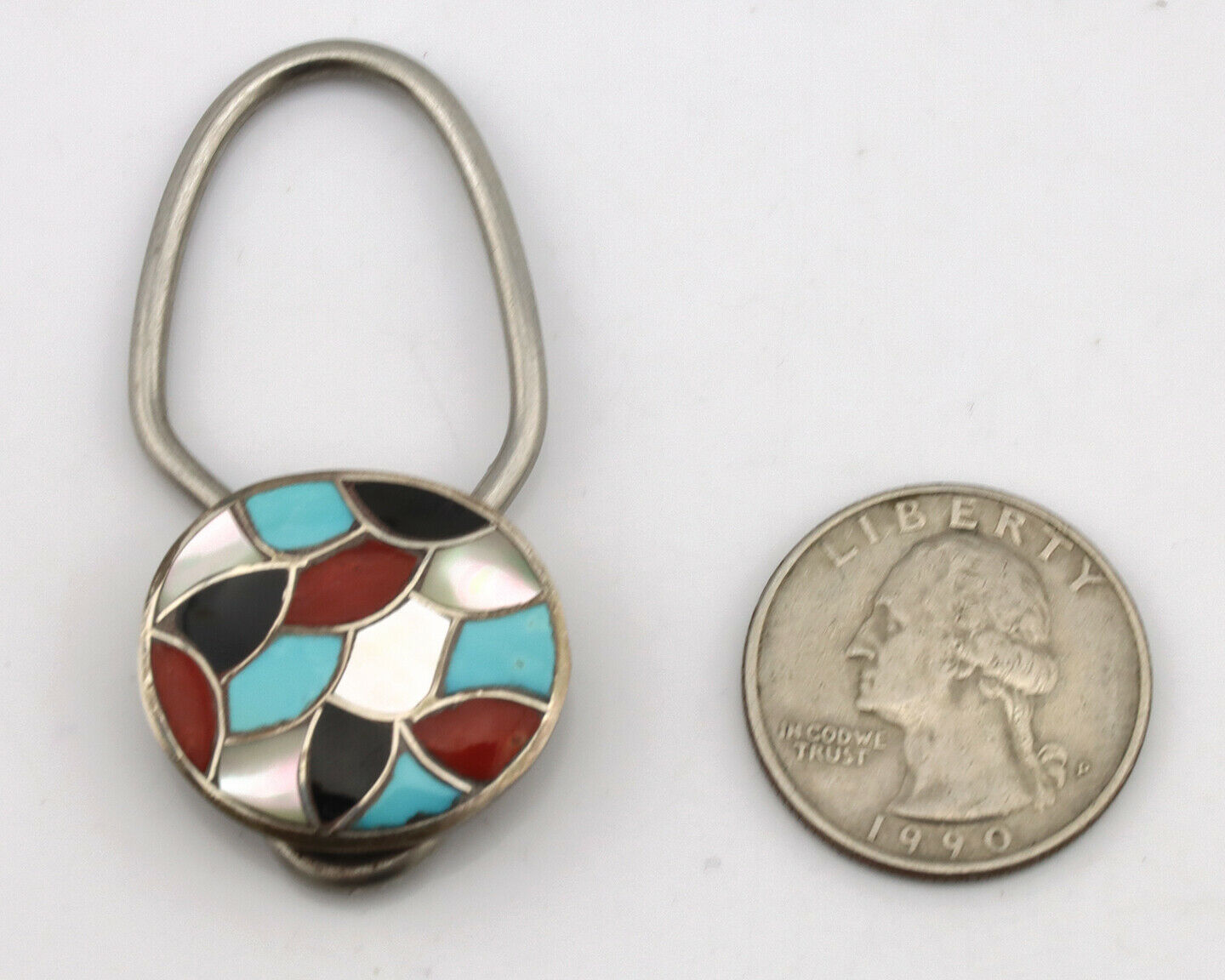 Zuni Key Chain .925 Silver Inlaid Gemstones Artist Signed RHG C.80's