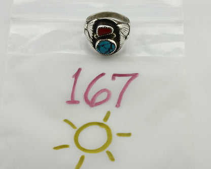 Navajo Ring 925 Silver Turquoise & Coral Handmade Native American Artist C.1980s