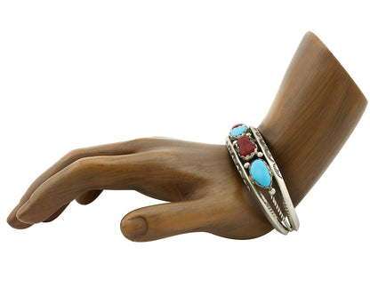 Navajo Bracelet .925 Silver Turquoise & Coral Artist Larry Moses Begay C.90's