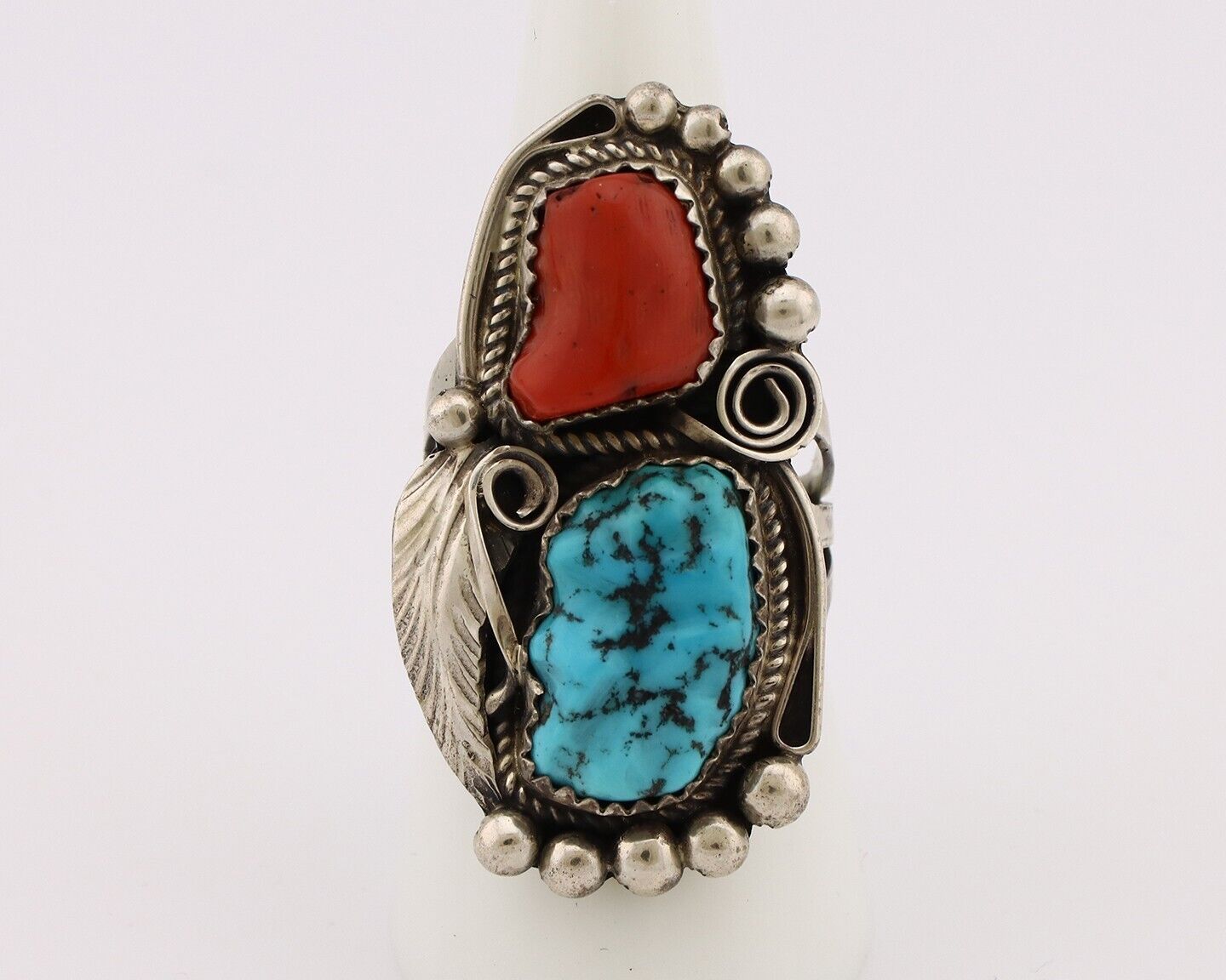 Navajo Ring 925 Silver Blue Turquiose & Coral Artist Signed Justin Morris C.80's