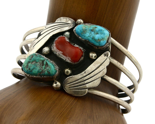 Navajo Bracelet .925 Silver Coral & Turquoise Artist Native American C.1975