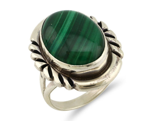 Navajo Ring 925 Silver Hand Stamped Natural Malachite Artist Signed NAKAI C.80's