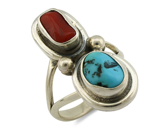 Navajo Ring .925 Silver Blue Turquoise & Red Coral Native American Artist C.80's