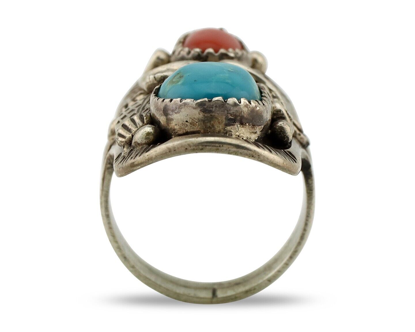 Navajo Ring 925 Silver Blue Turquiose & Mediterranean Coral Native Artist C.80's