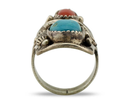 Navajo Ring 925 Silver Blue Turquiose & Mediterranean Coral Native Artist C.80's