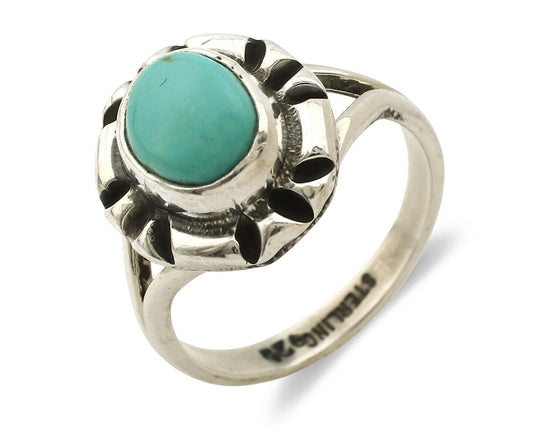 Navajo Ring .925 Silver Kingman Turquoise Artist Signed Gecko C.90's