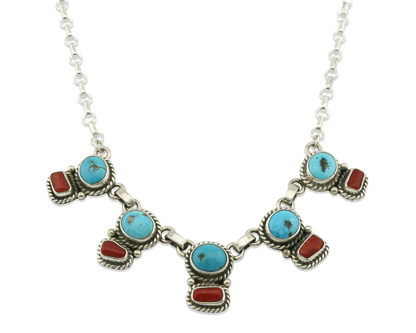 Navajo Necklace .925 Silver Morenci Turquoise & Coral Native Artist C.80's