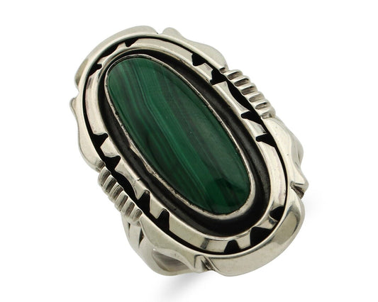 Navajo Ring .925 Silver Malachite Hand Stamped Signed William Denetdale C.80's