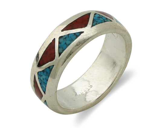 Navajo Chip Inlay Ring 925 Silver Sleeping Beauty Turquoise & Coral Silver Cloud