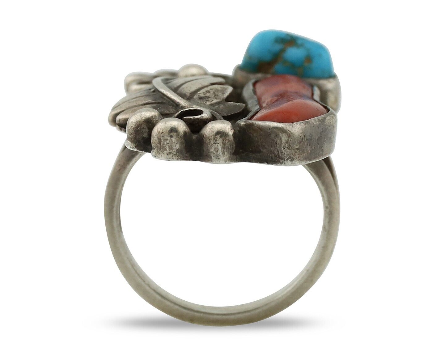 Navajo Handmade Ring 925 Silver Turquiose & Coral Native American Artist C.80's