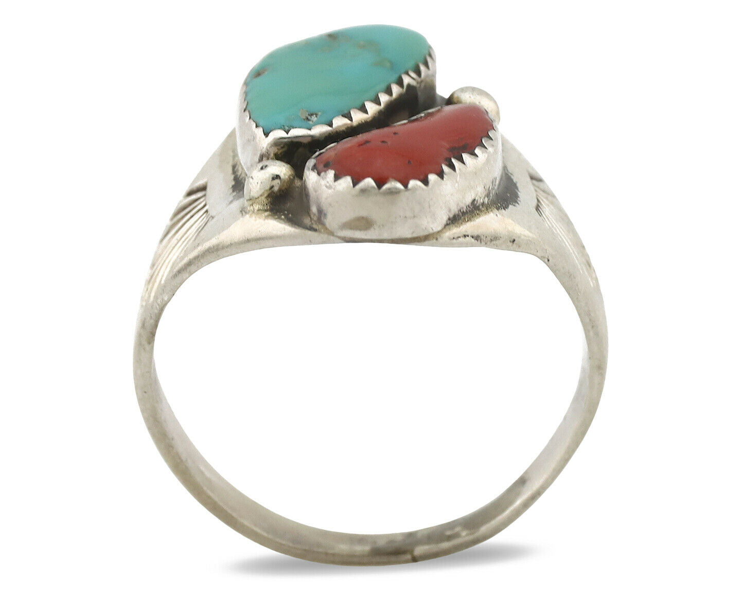 Zuni Ring .925 Silver Natural Turquoise & Coral Native American Artist C.1980's