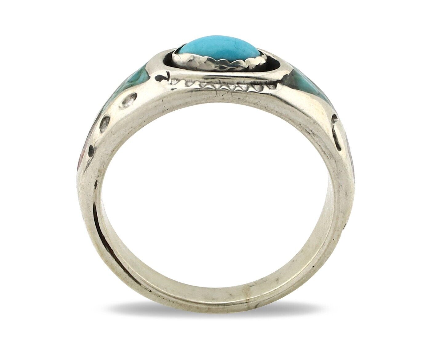 Navajo Handmade Ring 925 Silver Blue Turquoise & Coral Native American C.80's