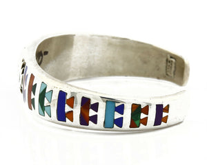 C. 1980's Navajo Signed STC Inlay Gemstone .925 Silver Cuff Bracelet