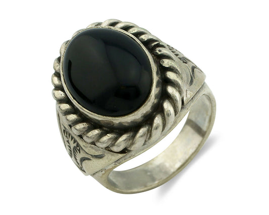 Navajo Ring .925 Silver Onyx Artist Signed Apache Manufacturing C.80's