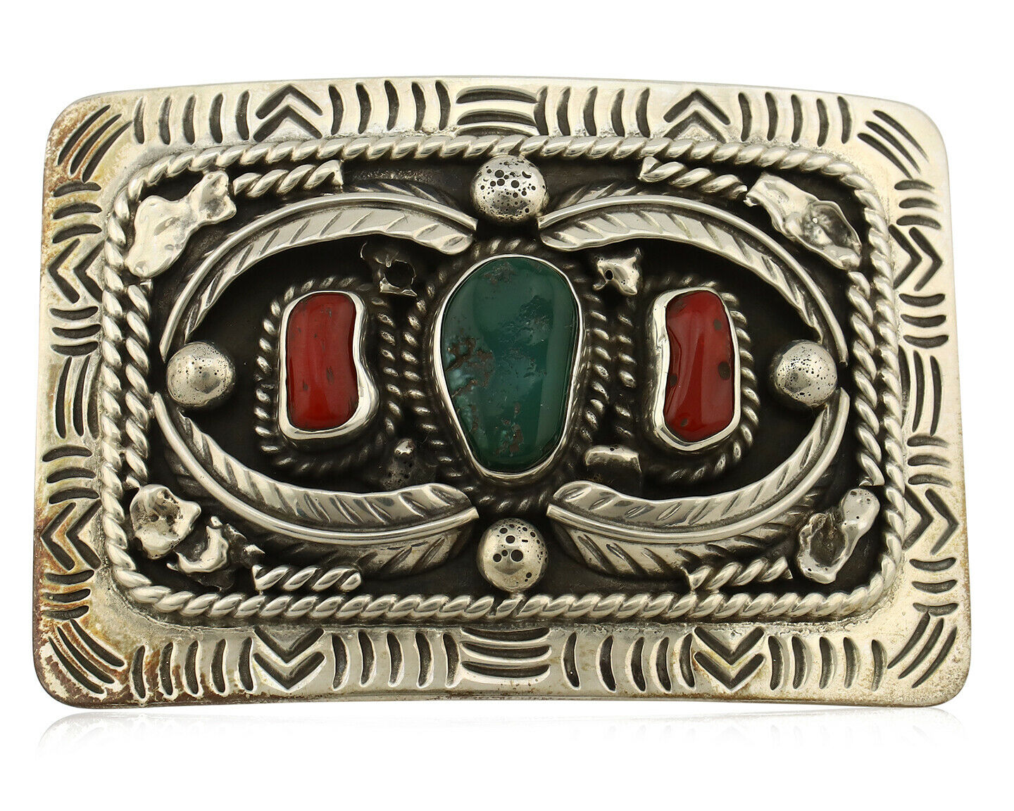 Navajo Belt Buckle .925 Silver Green Turquoise Coral Signed Teepee C.80's