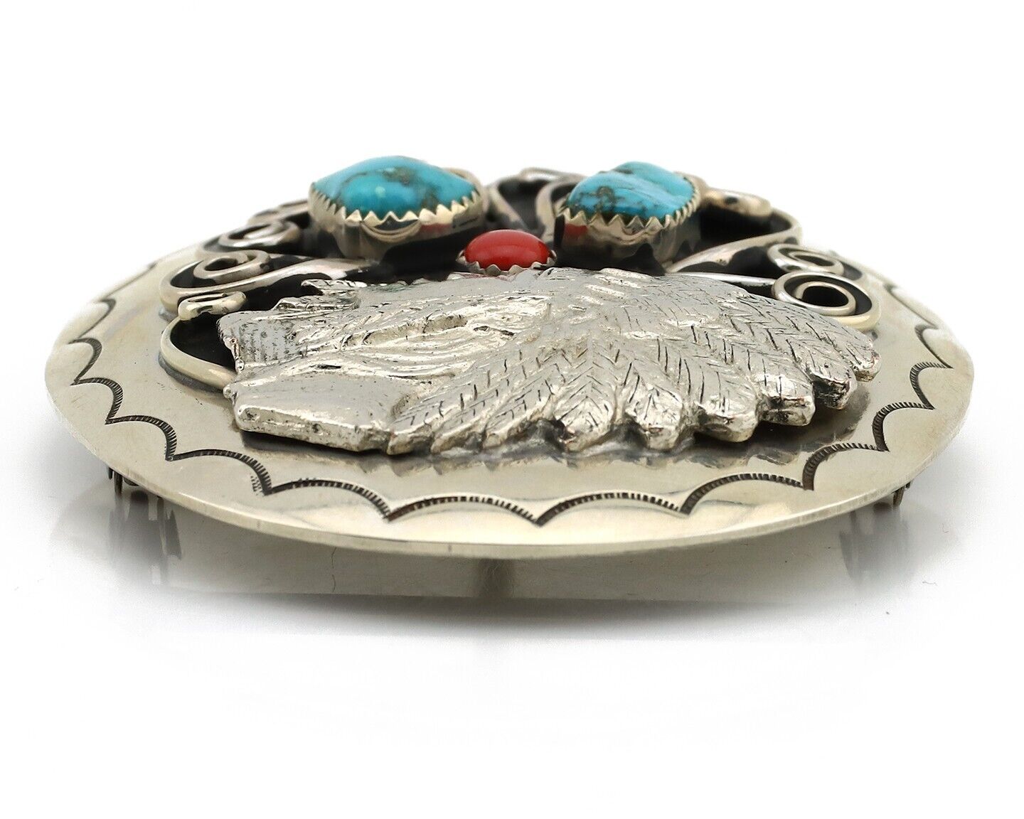 Navajo Chief Belt Buckle Nicle Silver Gemstone Handmade Native American C.80's