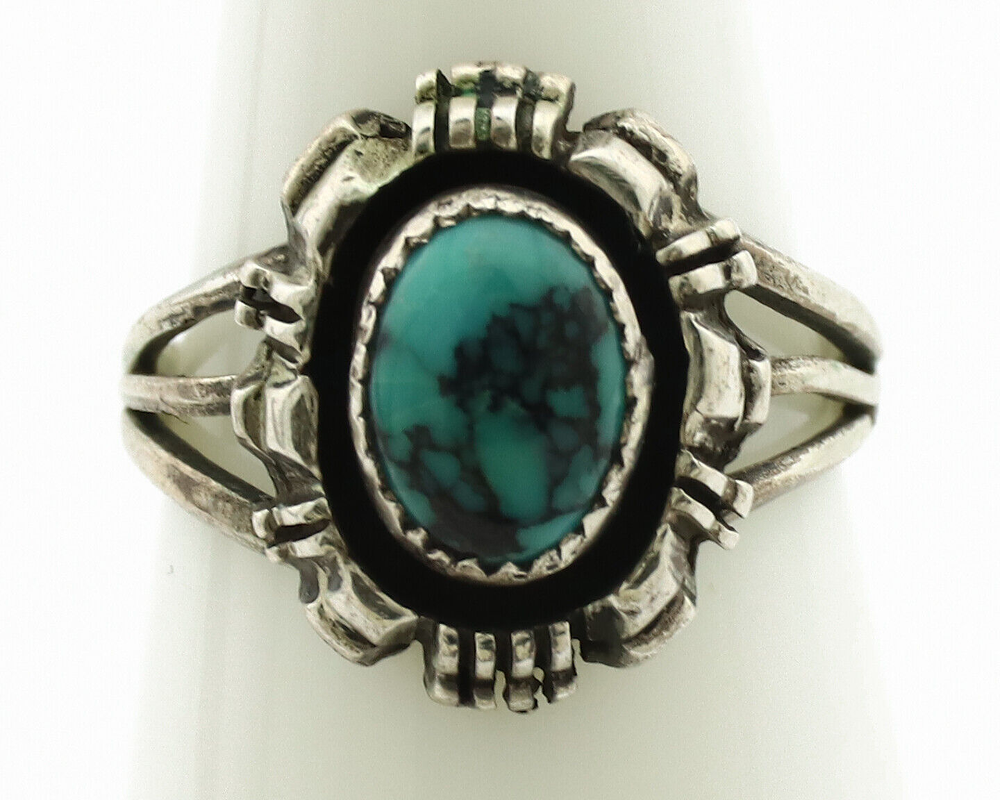 Navajo Ring .925 Silver Spiderweb Turquoise Artist Signed TLW C.80's