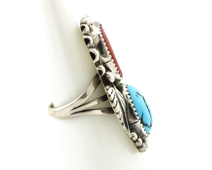 Navajo Ring 925 Silver Blue Turquoise & Coral Signed Stanley Bain C.80's