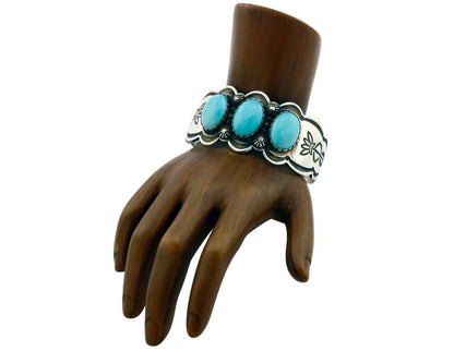 Women's Navajo Bracelet Hand Stamped .925 Silver Signed Nelson C.80's Turquoise