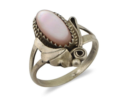 Navajo Ring .925 Silver Natural Pink Mussel Artist Signed Justin Morris C.80's