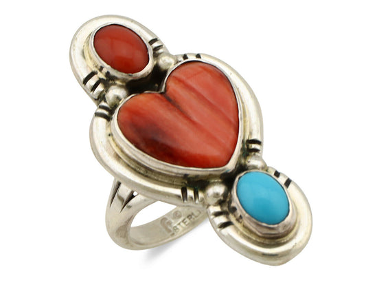 Navajo Ring .925 Silver Natural Coral & Turquoise Signed Carrol Felley C.80's