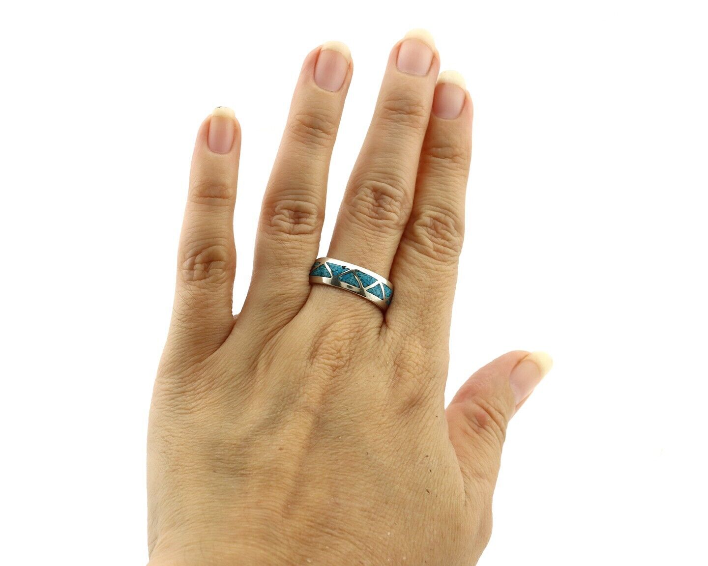 Navajo Chip Inlay Ring 925 Silver Sleeping Beauty Turquoise Artist Silver Cloud