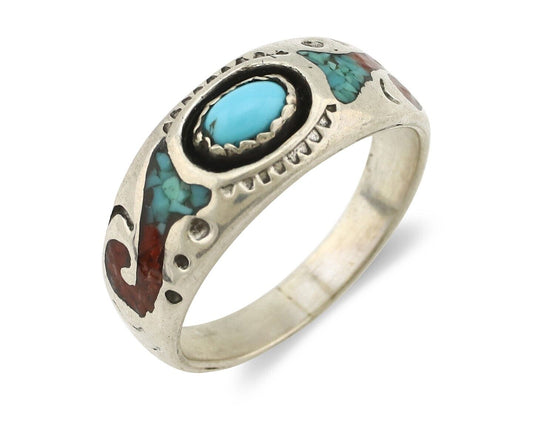 Navajo Handmade Ring 925 Silver Blue Turquoise & Coral Native American C.80's