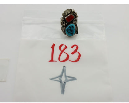 Navajo Ring 925 Silver Blue Turquiose & Coral Artist Signed Justin Morris C.80's