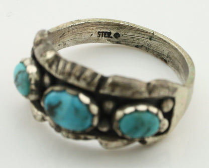 Navajo Ring .925 Silver Natural Blue Turquoise Artist Signed Sun Bell C.80's