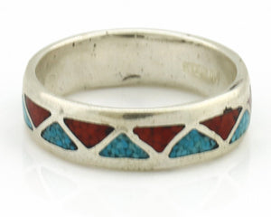 Navajo Ring 925 Silver Natural Turquoise & Coral Native American Artist C.80's