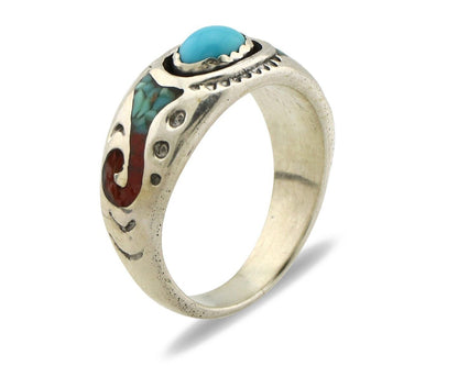 Navajo Handmade Ring 925 Silver Blue Turquoise & Coral Native American C.80's