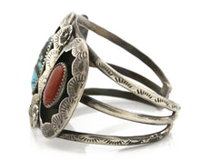 Navajo Bracelet .925 Silver Turquoise & Coral Old Pawn Native American Cuff C80s