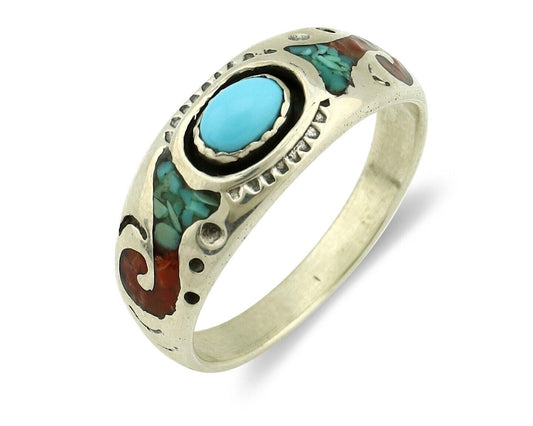 Navajo Handmade Ring 925 Silver Blue Turquoise & Coral Native American C.80's