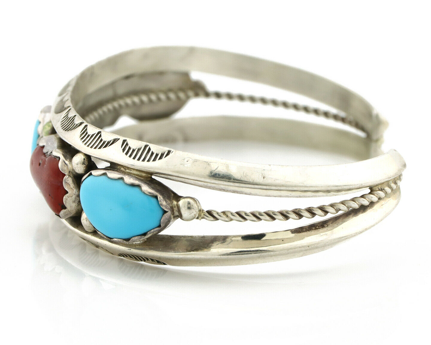 Navajo Bracelet .925 Silver Turquoise & Coral Artist Larry Moses Begay C.90's