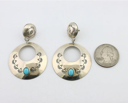 Navajo Handmade Earrings 925 Silver Blue Turquoise Signed Vera Jane C.80's