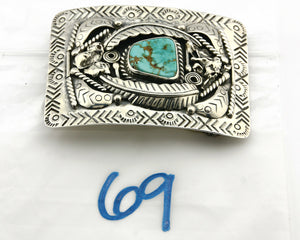 Navajo Belt Buckle .925 Silver Morenci Turquoise Artist Signed Tipi C.80's