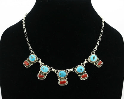 Navajo Necklace .925 Silver Morenci Turquoise & Coral Native Artist C.80's