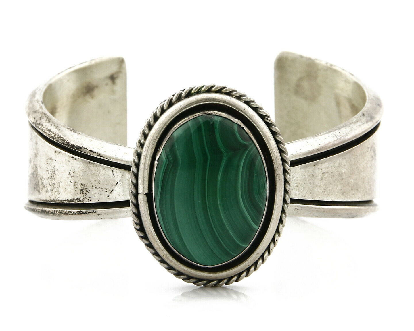 Women's Navajo Bracelet .925 Silver Natural Malachite Cuff Signed ED Circa 1980s