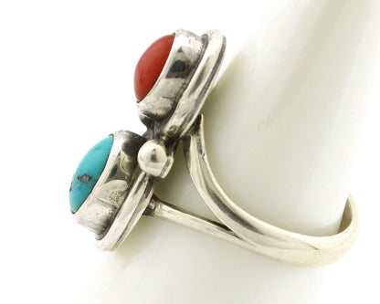 Navajo Handmade Ring 925 Silver Coral & Turquoise Native American Artist C.80's