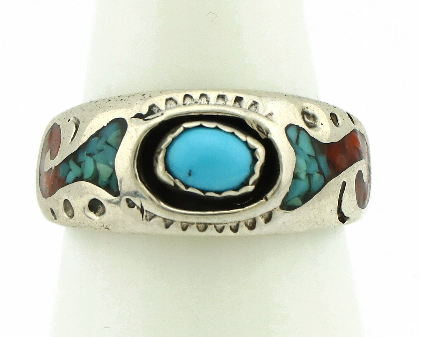 Navajo Handmade Ring 925 Silver Blue Turquoise & Coral Native American C.80's