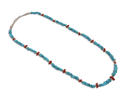 Navajo Necklace 925 Silver Sleeping Beauty Turquoise & Coral Native Artist C80s