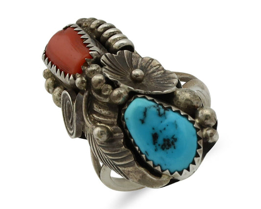 Navajo Handmade Ring 925 Silver Turquiose & Coral Native American Artist C.80's