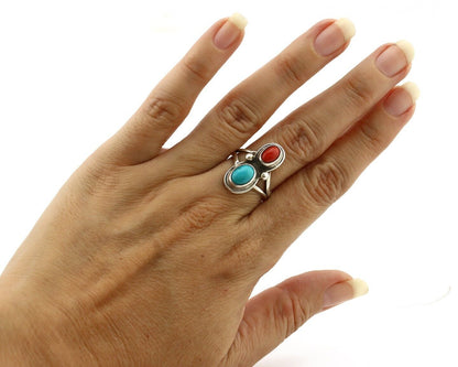 Navajo Handmade Ring 925 Silver Coral & Turquoise Native American Artist C.80's